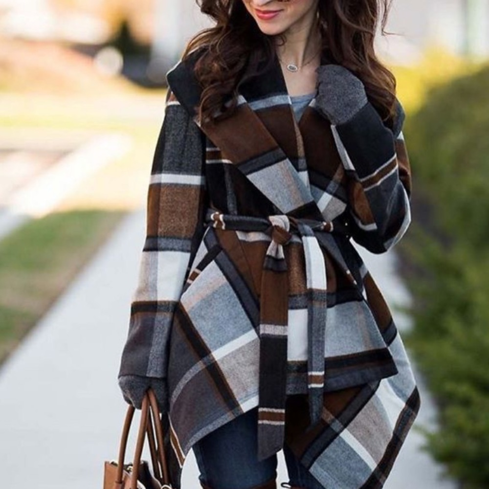 ChicWish Brown Plaid-Printed Belted Wrap Jacket